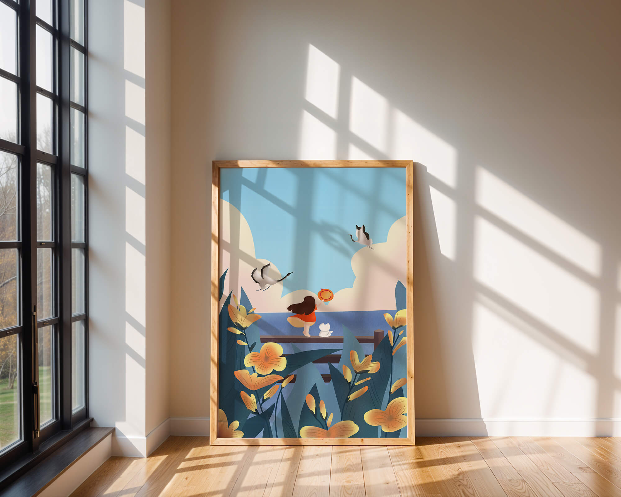 Serene seaside scene with girl, cat, and birds in nature