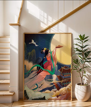 Oriental Fantasy Scene with Woman Offering Gift to the Moon