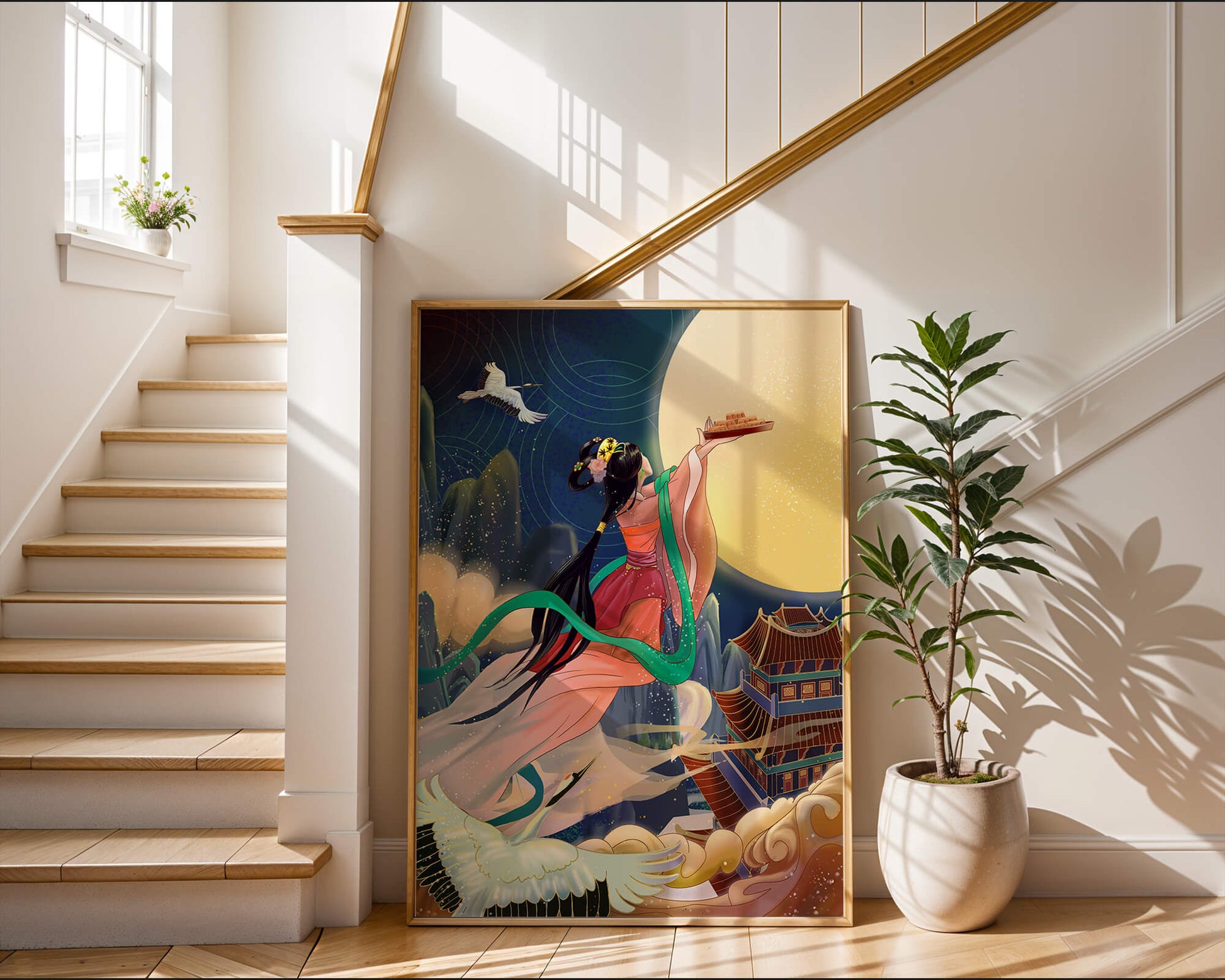Oriental Fantasy Scene with Woman Offering Gift to the Moon