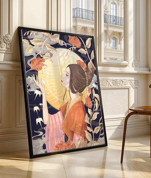 Illustration élégante d'une femme avec des éléments floraux sous la lumière de la lune