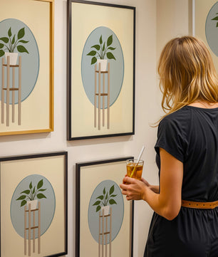Illustration botanique moderne d'une plante en pot sur un support en bois