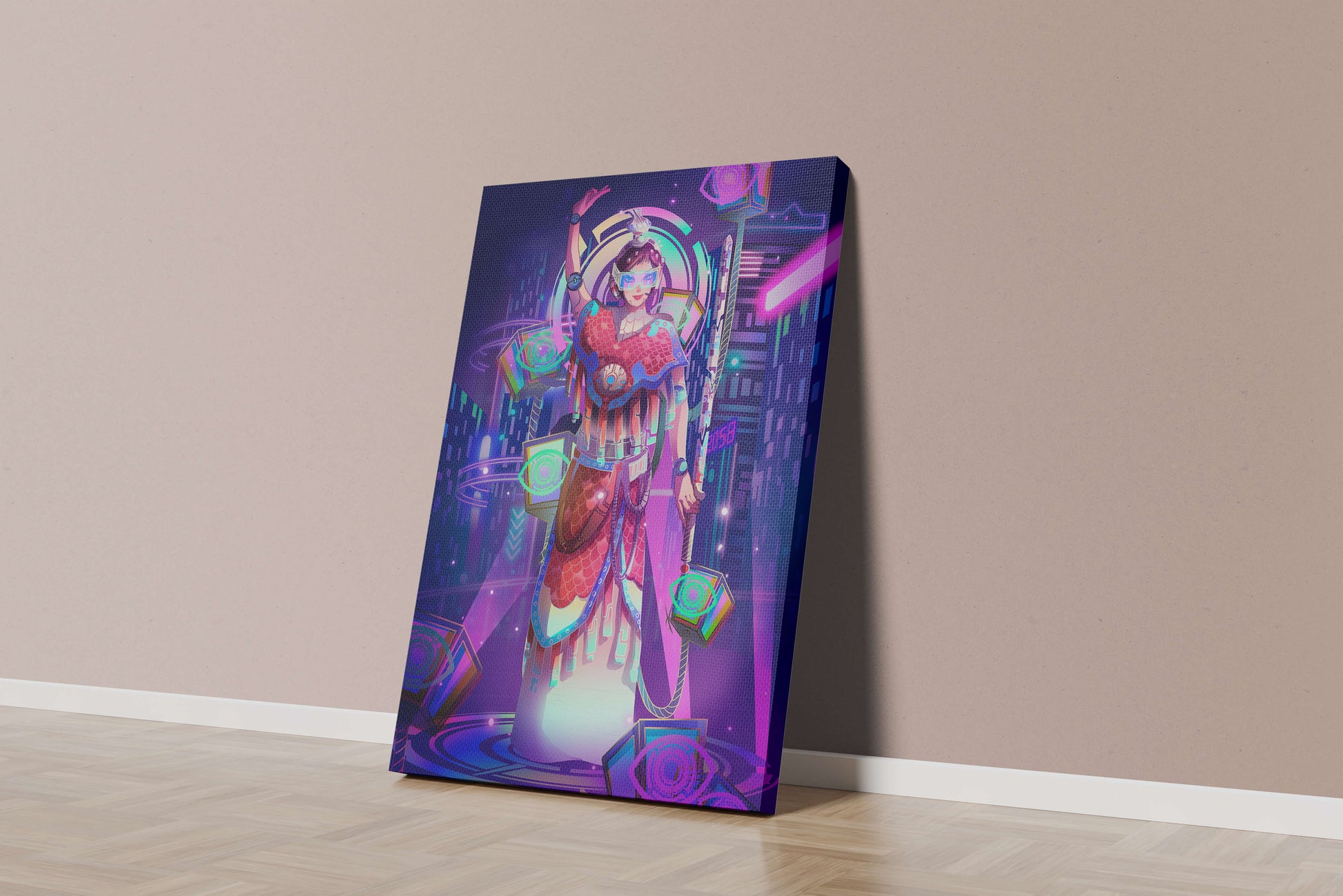 Futuristic warrior in vibrant neon cityscape with digital elements