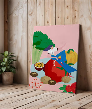 Ilustración de una mujer rodeada de vegetales y frutas vibrantes