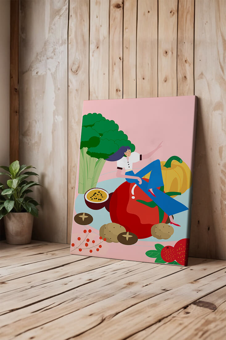 Ilustración de una mujer rodeada de verduras y frutas vibrantes.