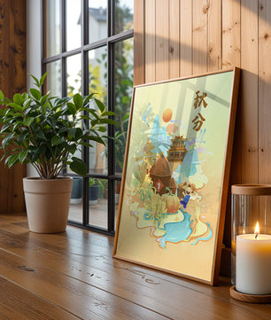 Charming autumn scene with traditional elements and nature motifs
