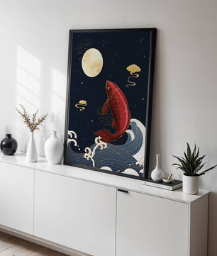 Traditional Japanese koi fish art with moonlit waves and clouds