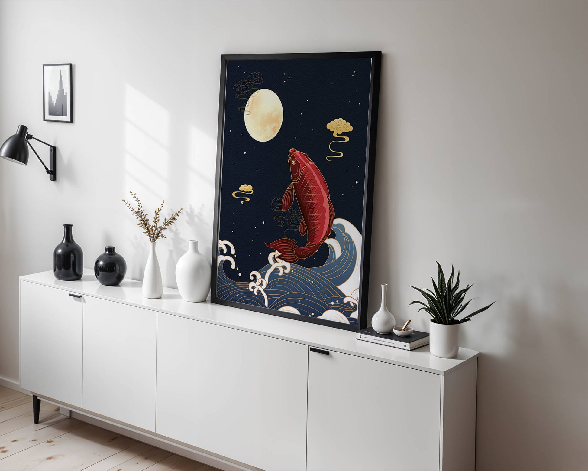 Traditional Japanese koi fish art with moonlit waves and clouds