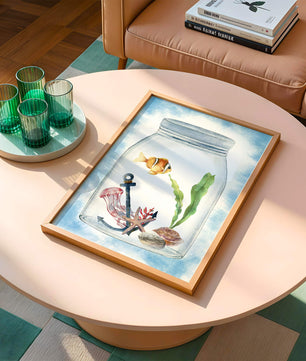 Watercolor illustration of marine life in a jar with a clownfish