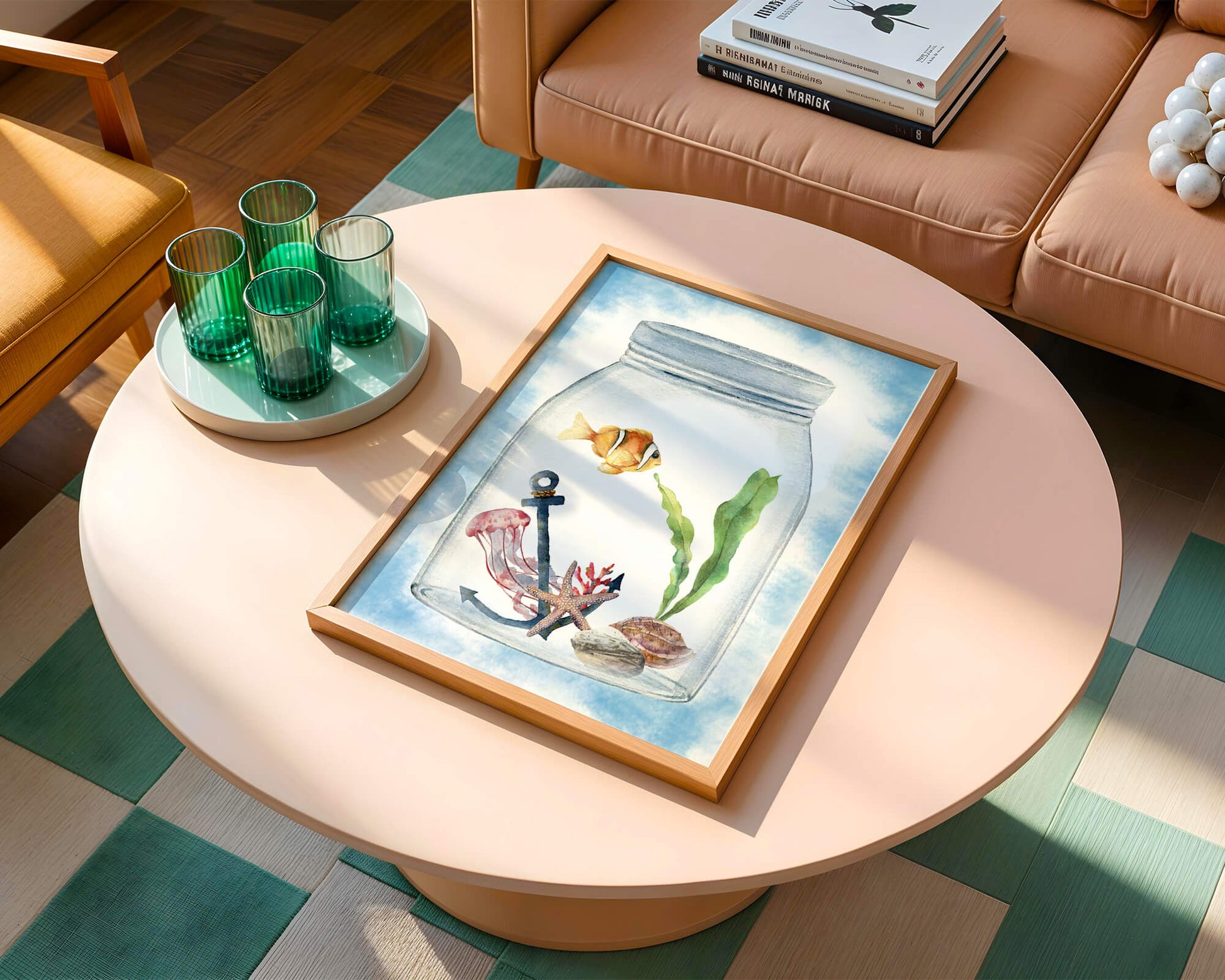 Watercolor illustration of marine life in a jar with a clownfish