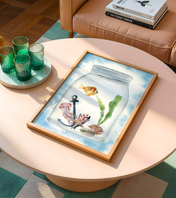 Watercolor illustration of marine life in a jar with a clownfish
