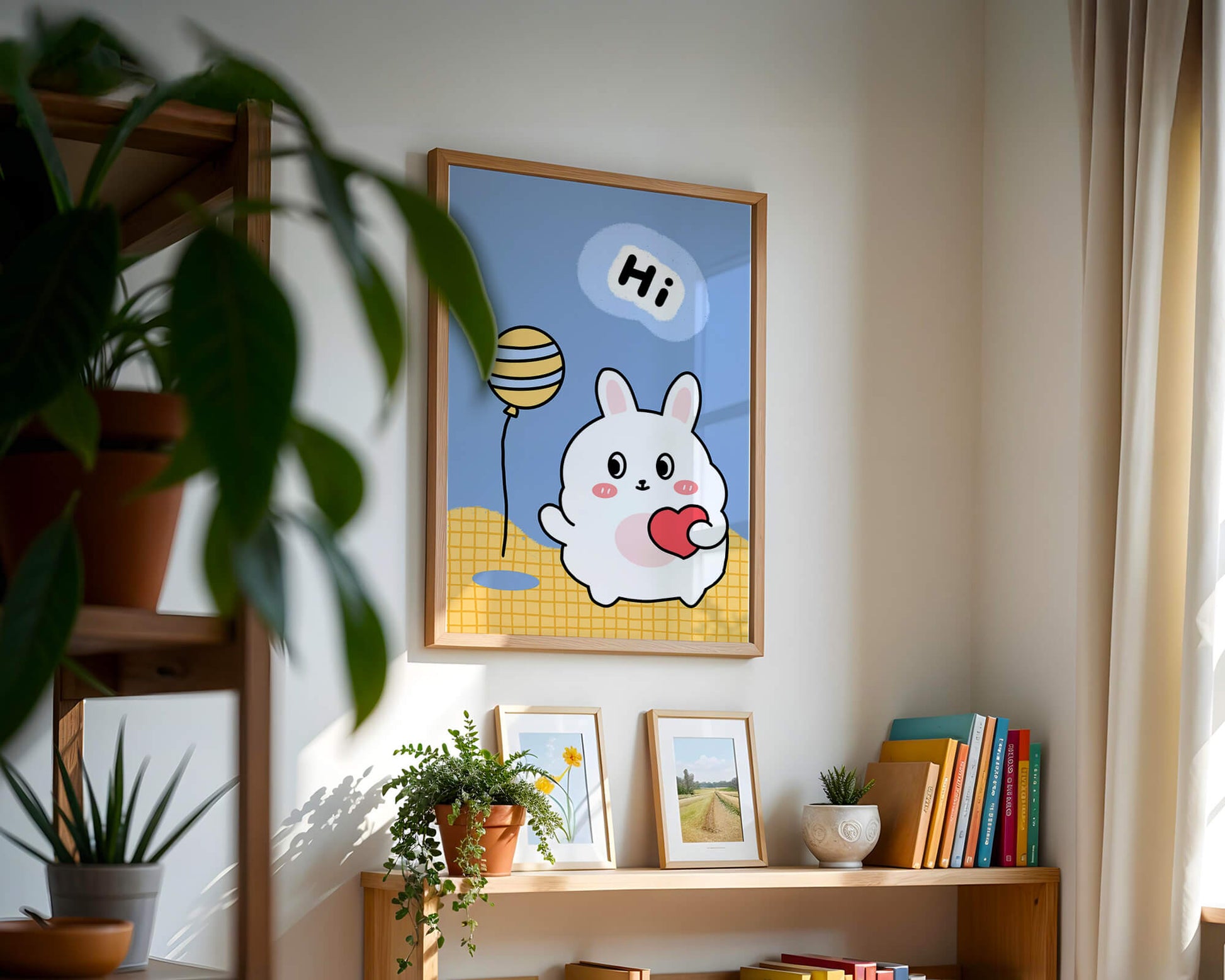 Adorable cartoon bunny with balloon and heart illustration