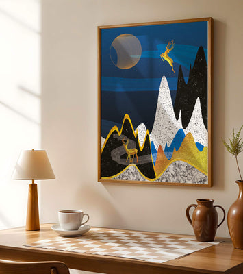 Abstract Landscape with Golden Deer and Surreal Moon