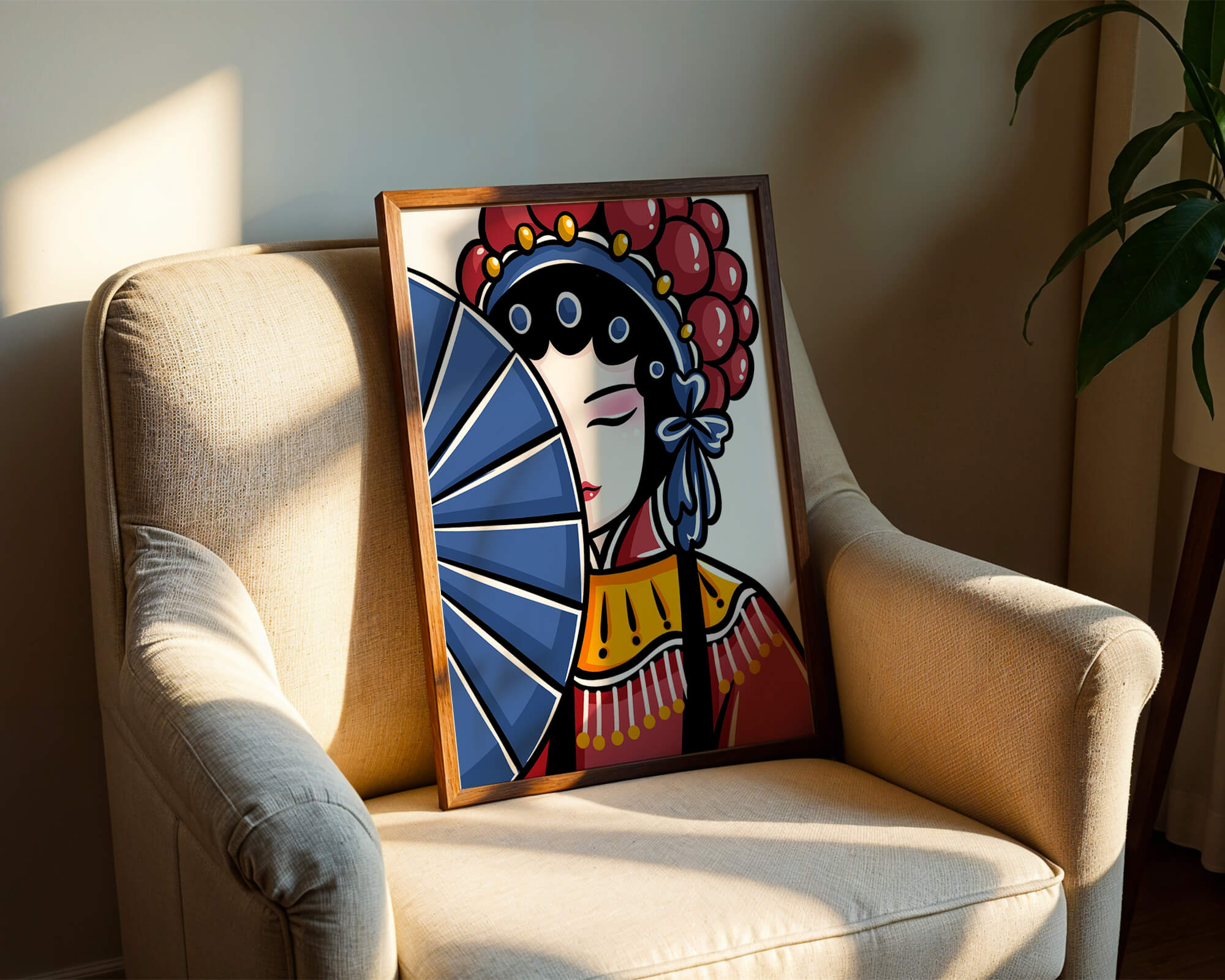 Traditional Asian opera character with fan and decorative headpiece