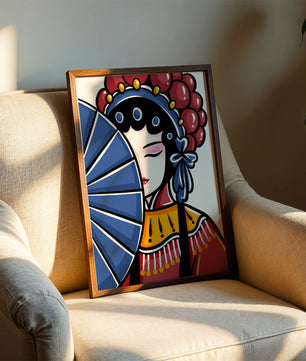 Traditional Asian opera character with fan and decorative headpiece