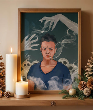 A Person Surrounded by Smoke and Ghostly Hands with Skulls in the Background