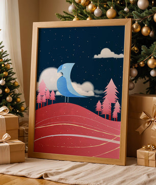 Colorful Night Scene with Blue Bird Under Starry Sky - Mi tienda