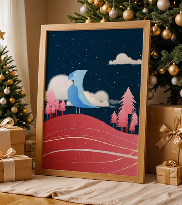 Colorful Night Scene with Blue Bird Under Starry Sky