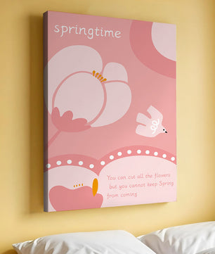 Springtime illustration with flowers and bird on pink background