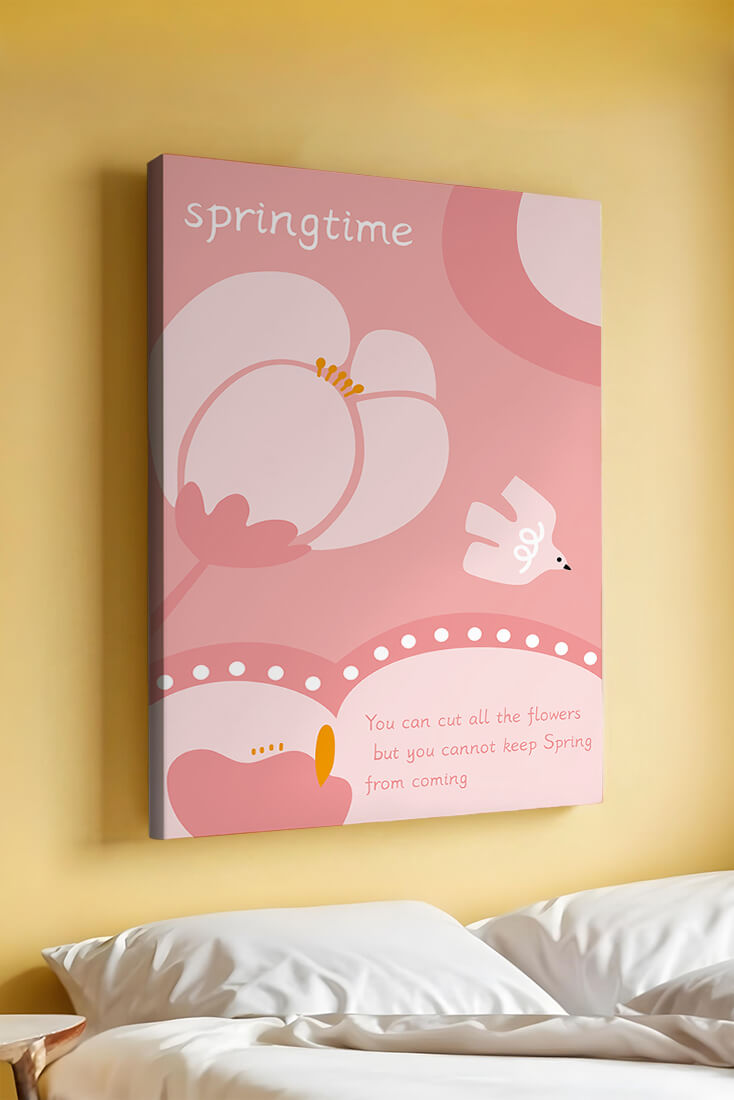 Springtime illustration with flowers and bird on pink background