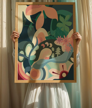 Abstract floral illustration with pastel colors and nature elements