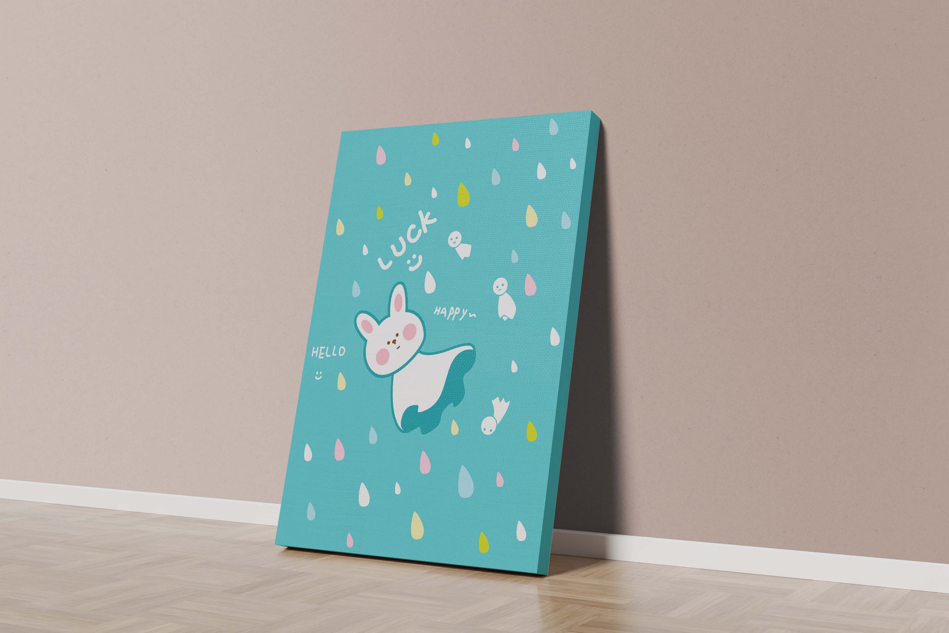 Adorable cartoon bunny with colorful drops on a blue background