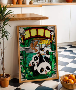 Ilustración de pandas encantadores disfrutando de helado bajo un puente de bambú