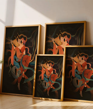 Elegant depiction of a goddess playing a lute with flowing ribbons