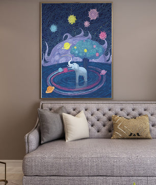 Éléphant fantastique avec arbre et fond cosmique
