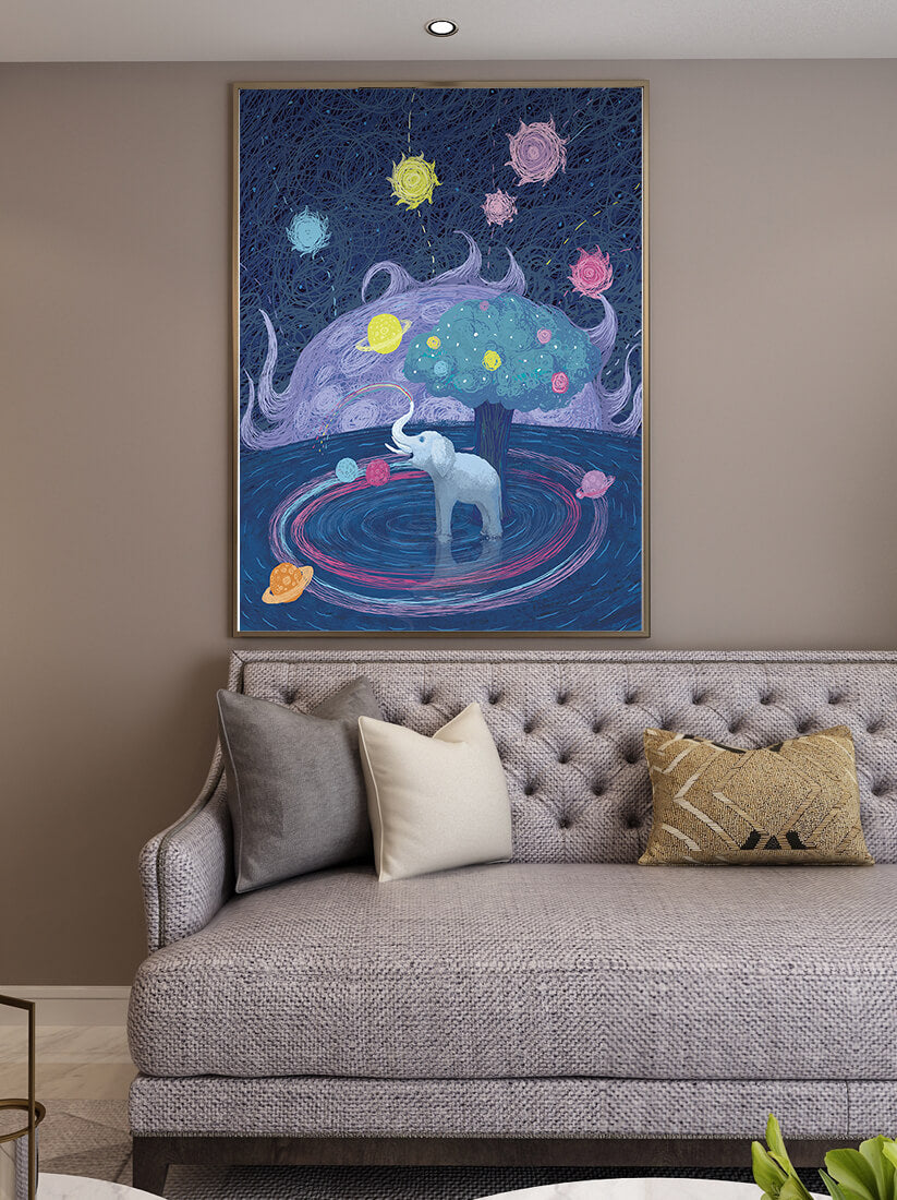 Éléphant fantastique avec arbre et fond cosmique