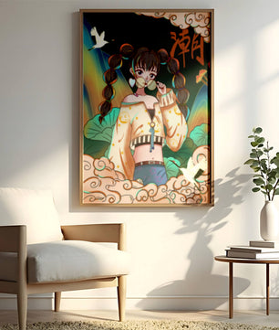 Anime girl with glasses surrounded by nature and cranes