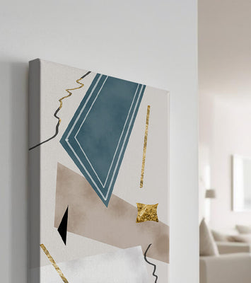 Abstract geometric artwork with gold accents and dynamic shapes