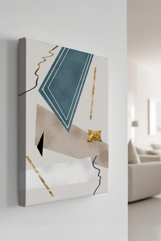 Abstract geometric artwork with gold accents and dynamic shapes