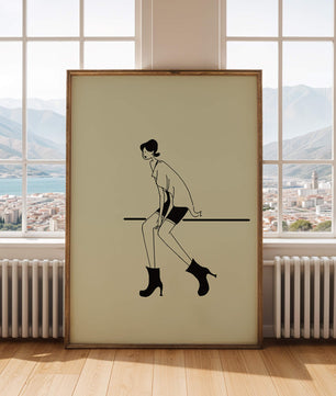 Schicke minimalistische Illustration einer sitzenden Frau in stylischen Stiefeln