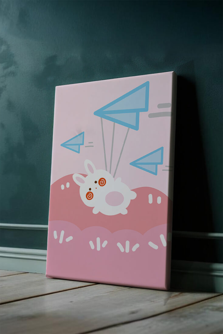 Adorable cartoon bunny flying with paper planes on a pink background