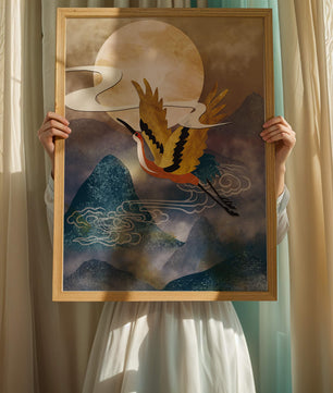 Majestic Gold-Crimson Crane Flying Over Misty Mountains in Moonlight