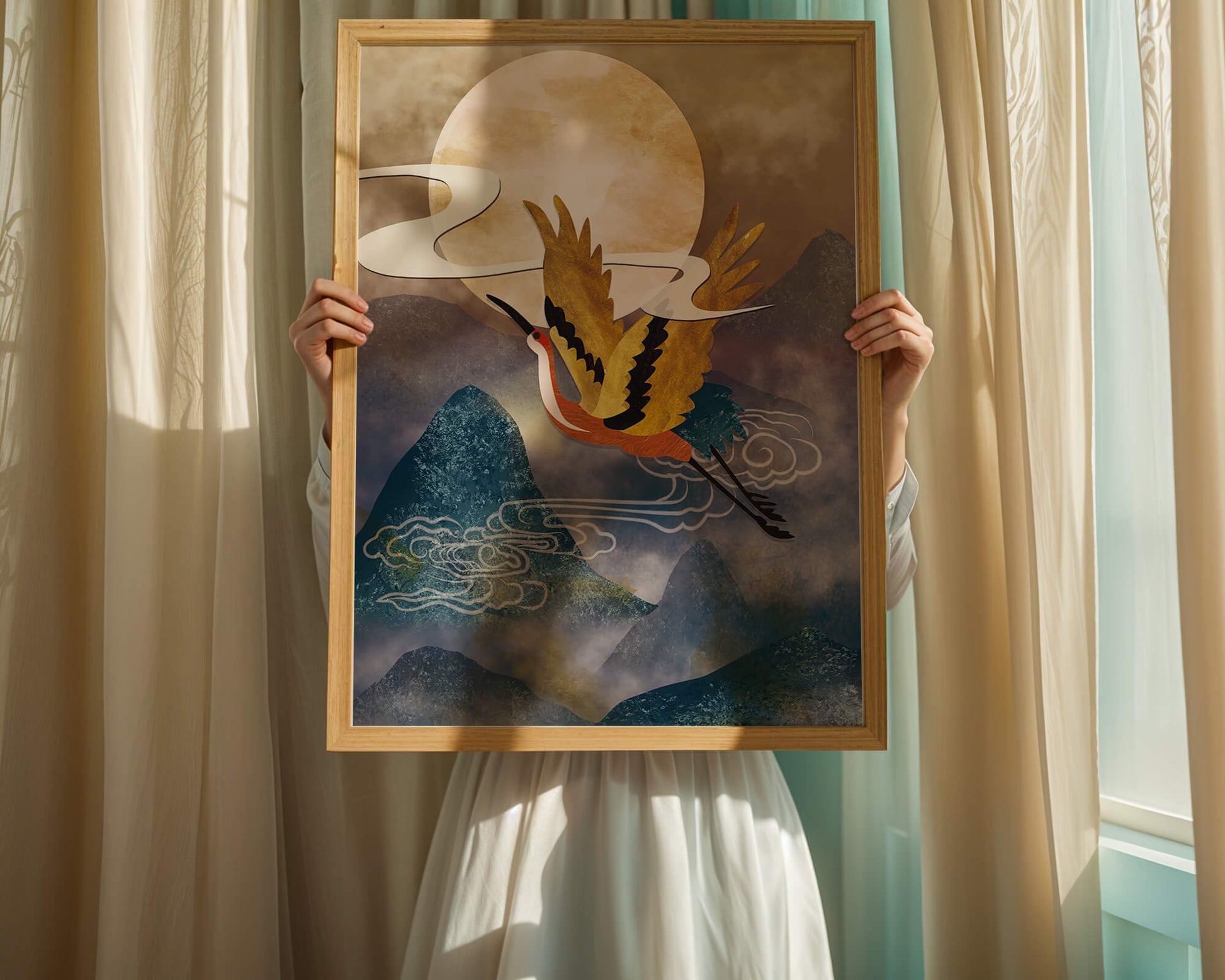 Majestic Gold-Crimson Crane Flying Over Misty Mountains in Moonlight