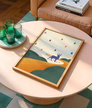 Colorful abstract deer illustration within a serene landscape