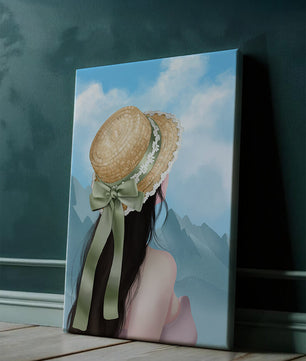 Woman with straw hat and mountain view under blue sky