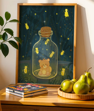 Charming teddy bear in a jar with glowing fireflies