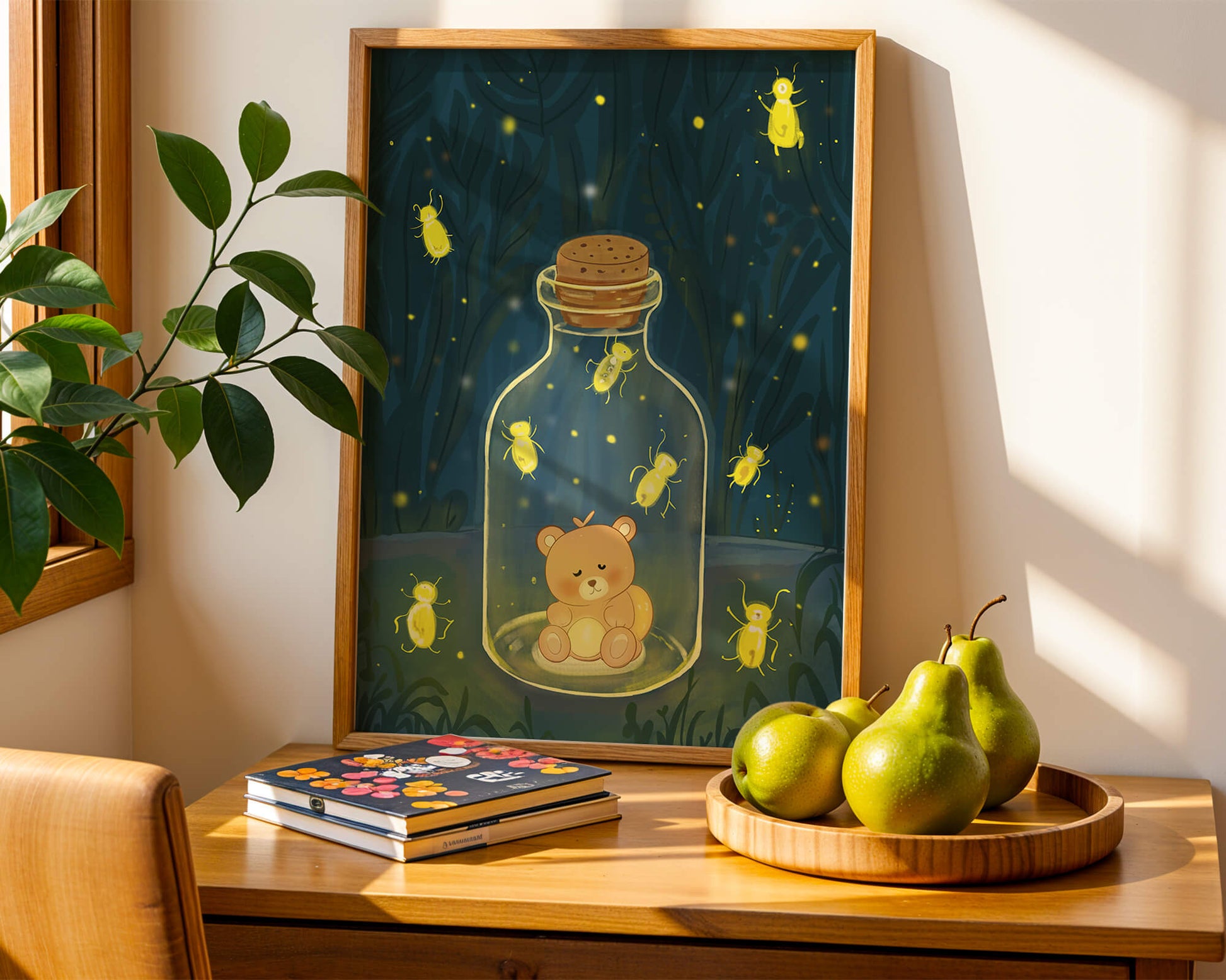 Charming teddy bear in a jar with glowing fireflies