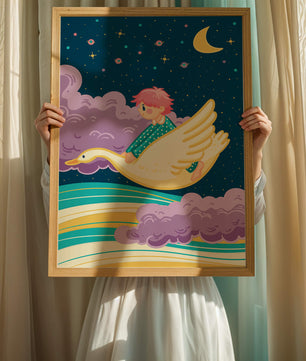 Child flying on a goose through a magical night sky illustration