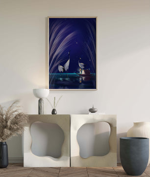 Serene night scene with graceful cranes and a magical boat ride