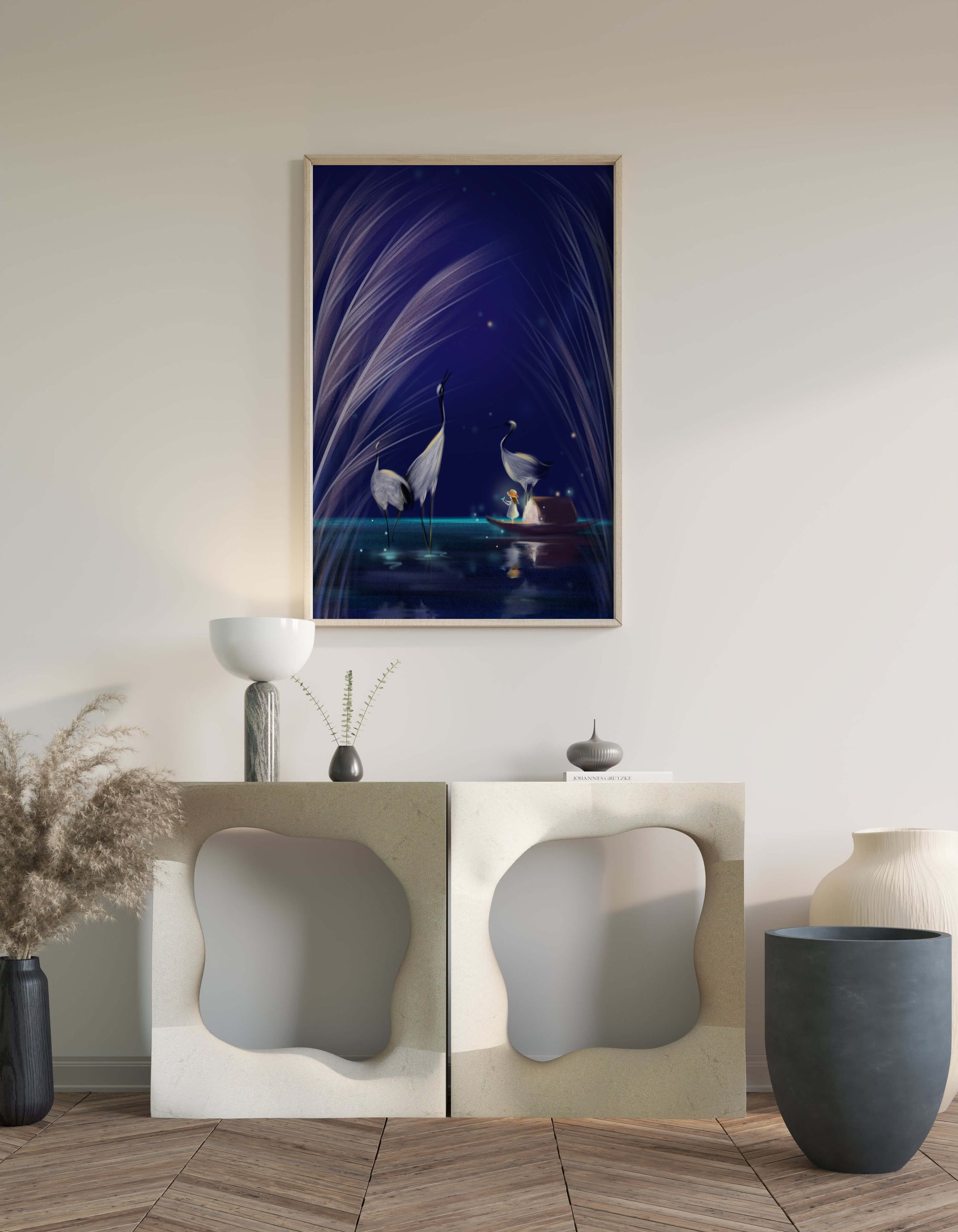 Serene night scene with graceful cranes and a magical boat ride