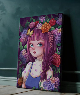 Illustration of a girl with floral crown surrounded by vibrant flowers