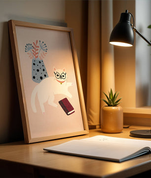 Illustration of playful cat with book and floral vase