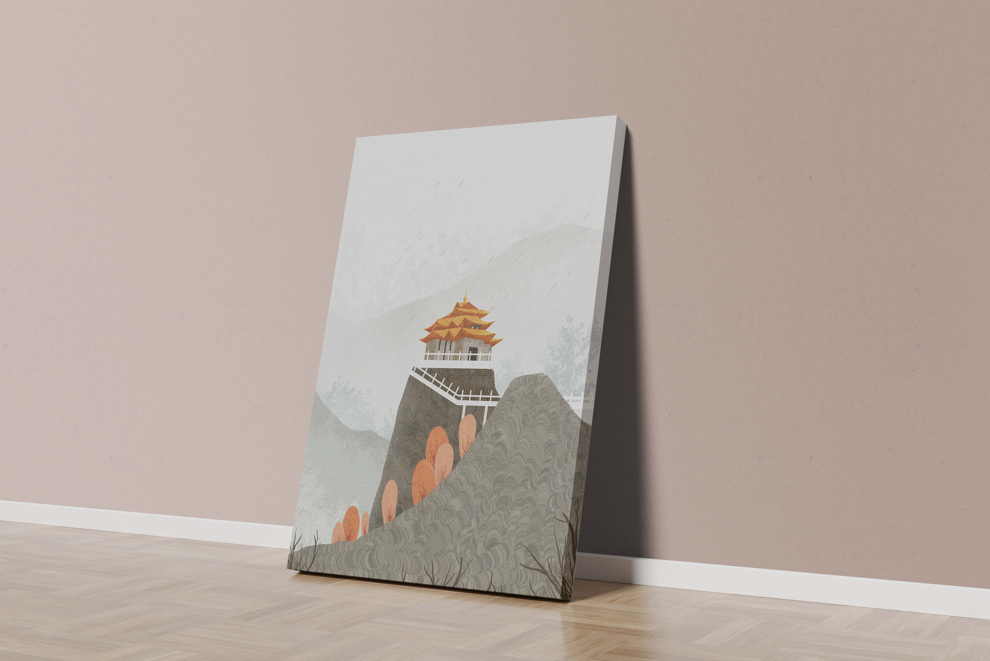 Serene mountain landscape with traditional Asian architecture
