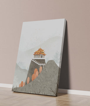 Serene mountain landscape with traditional Asian architecture