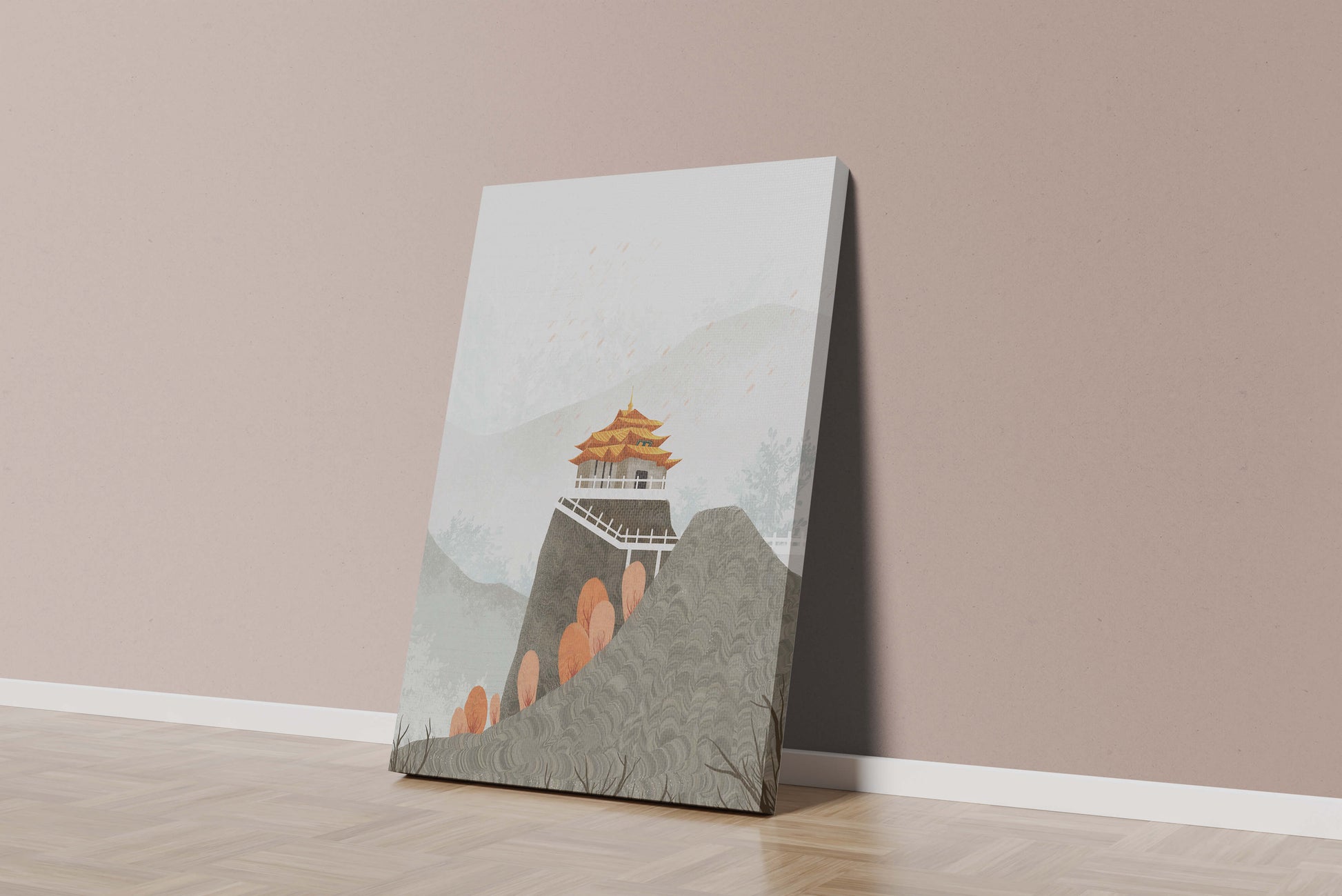 Serene mountain landscape with traditional Asian architecture