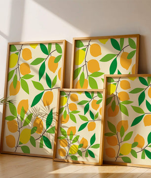 Vibrant lemon pattern with colorful leaves and citrus fruits