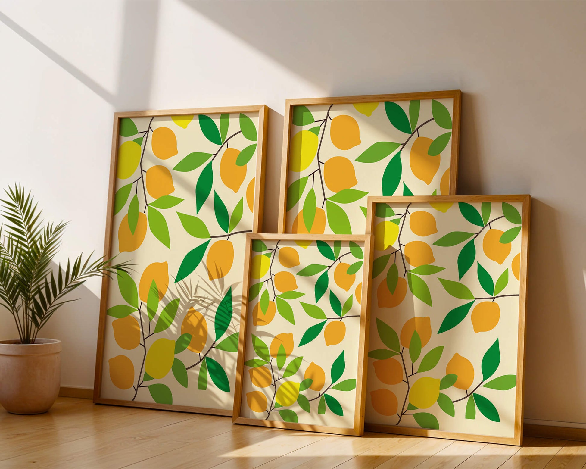 Vibrant lemon pattern with colorful leaves and citrus fruits